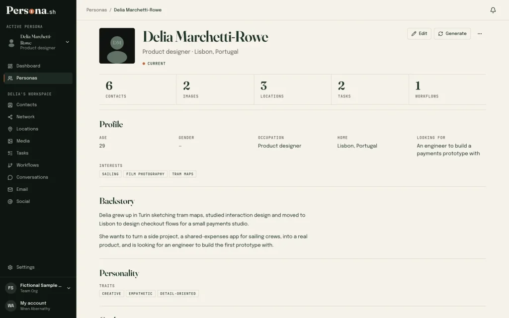 Persona.sh persona briefing page showing profile, backstory and personality traits (fictional sample data)