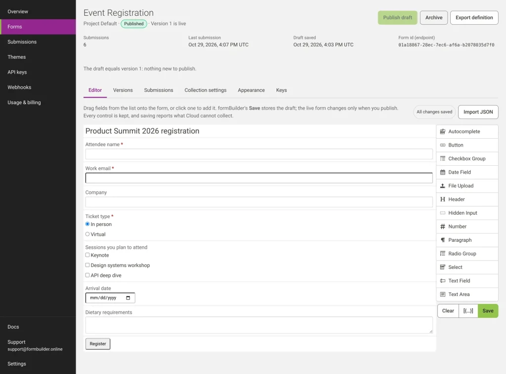 formBuilder Cloud form editor with a drag-and-drop field list beside an event registration form (demo data)
