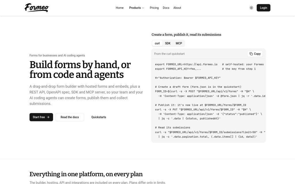 Formeo.io home page: build forms by hand, or from code and agents
