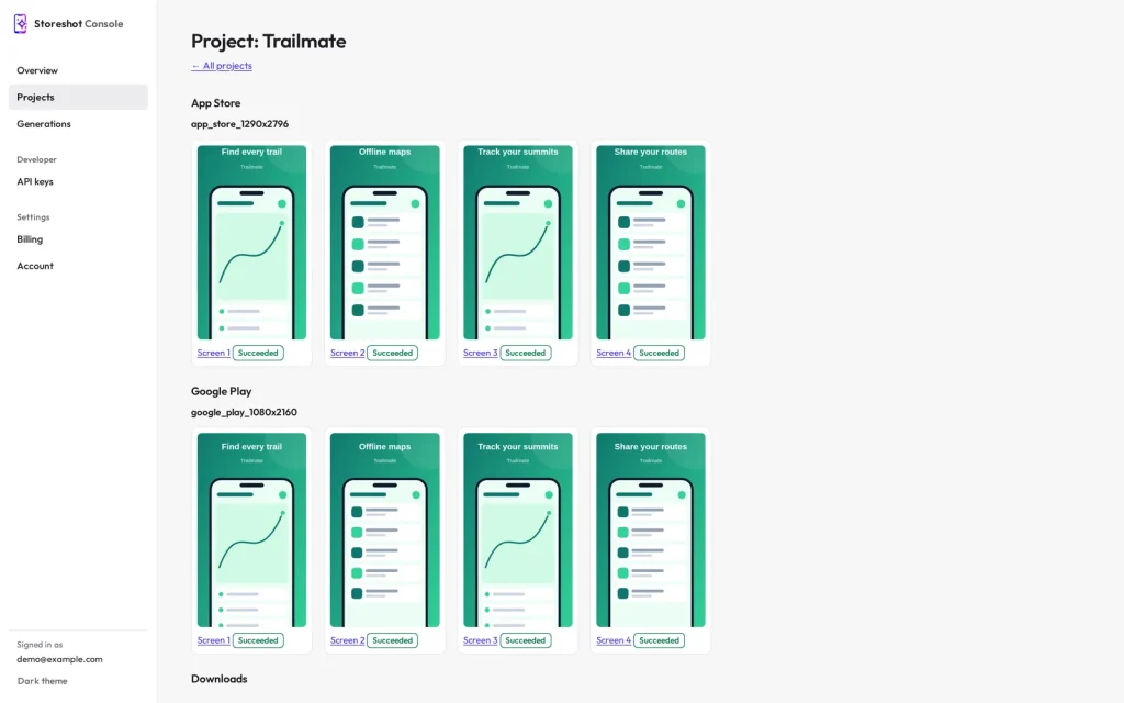 StoreShot developer console project detail showing generated App Store and Google Play screenshot sets (demo data)